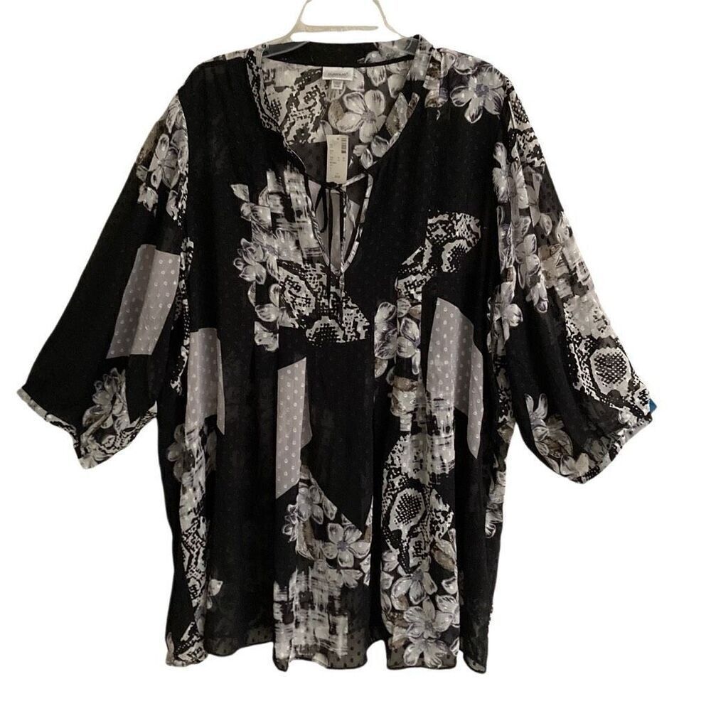 Avenue tie front floral flowy black & white polka dot tunic BoHo blouse 26 NEW‎